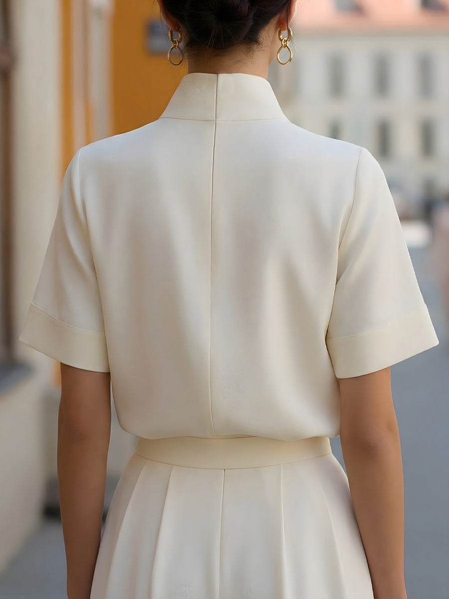 Stand Collar Short Sleeve Blouse with Lightweight Fabric