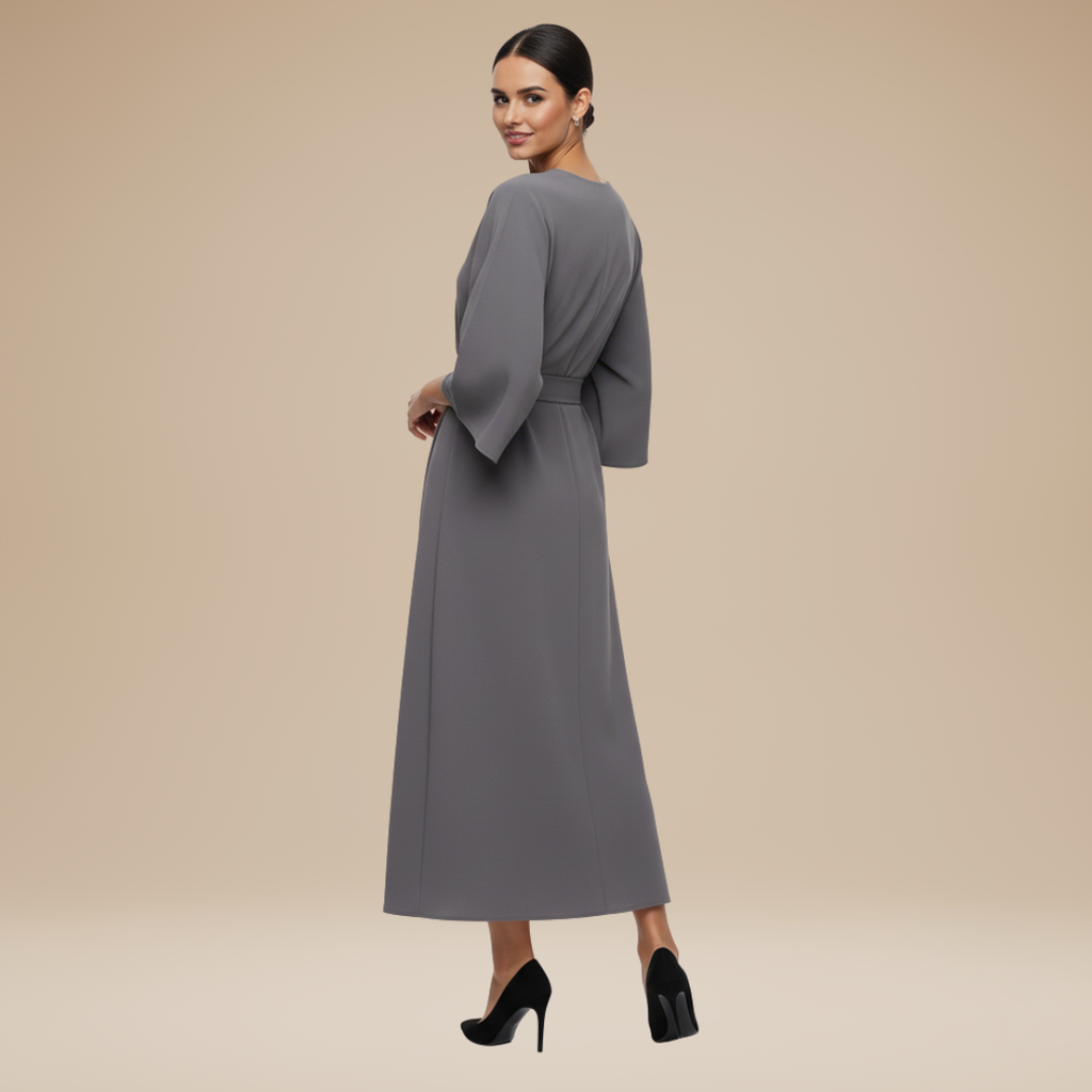 Belted Wrap Midi Dress with Wide Sleeves and V Neckline