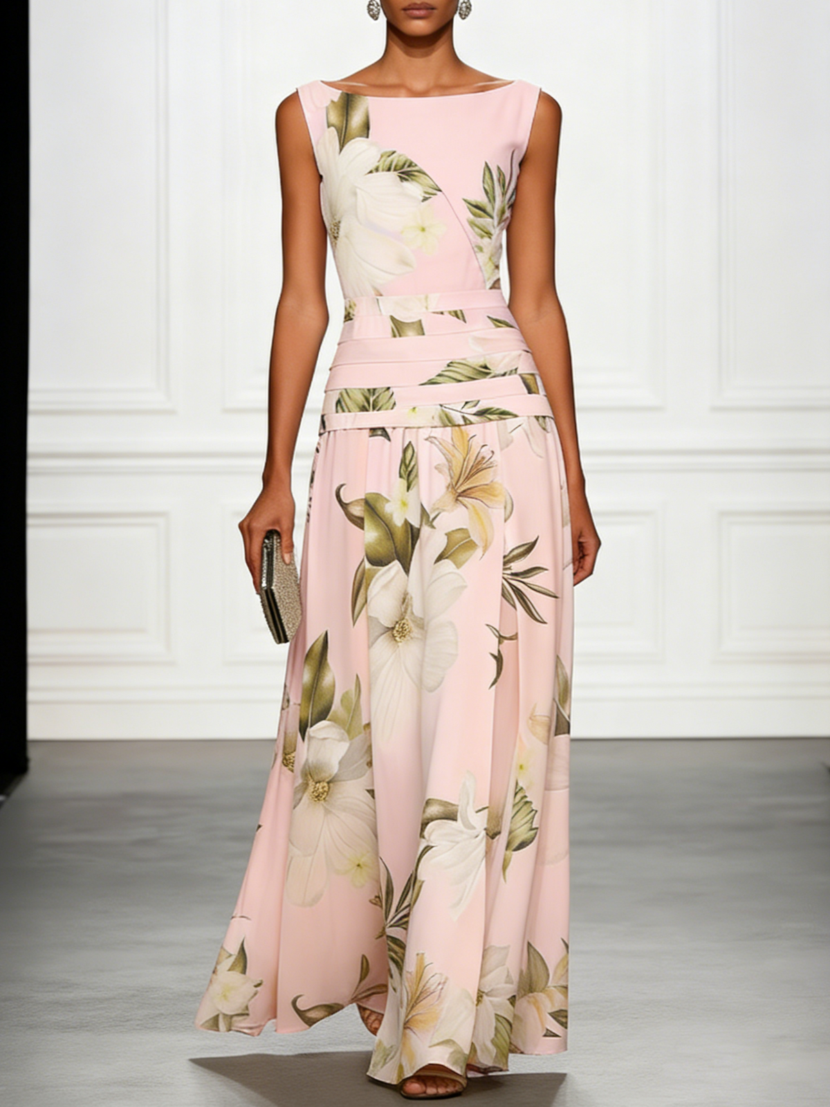 Floral Boat Neck Sleeveless Maxi Dress with Ruched Waist
