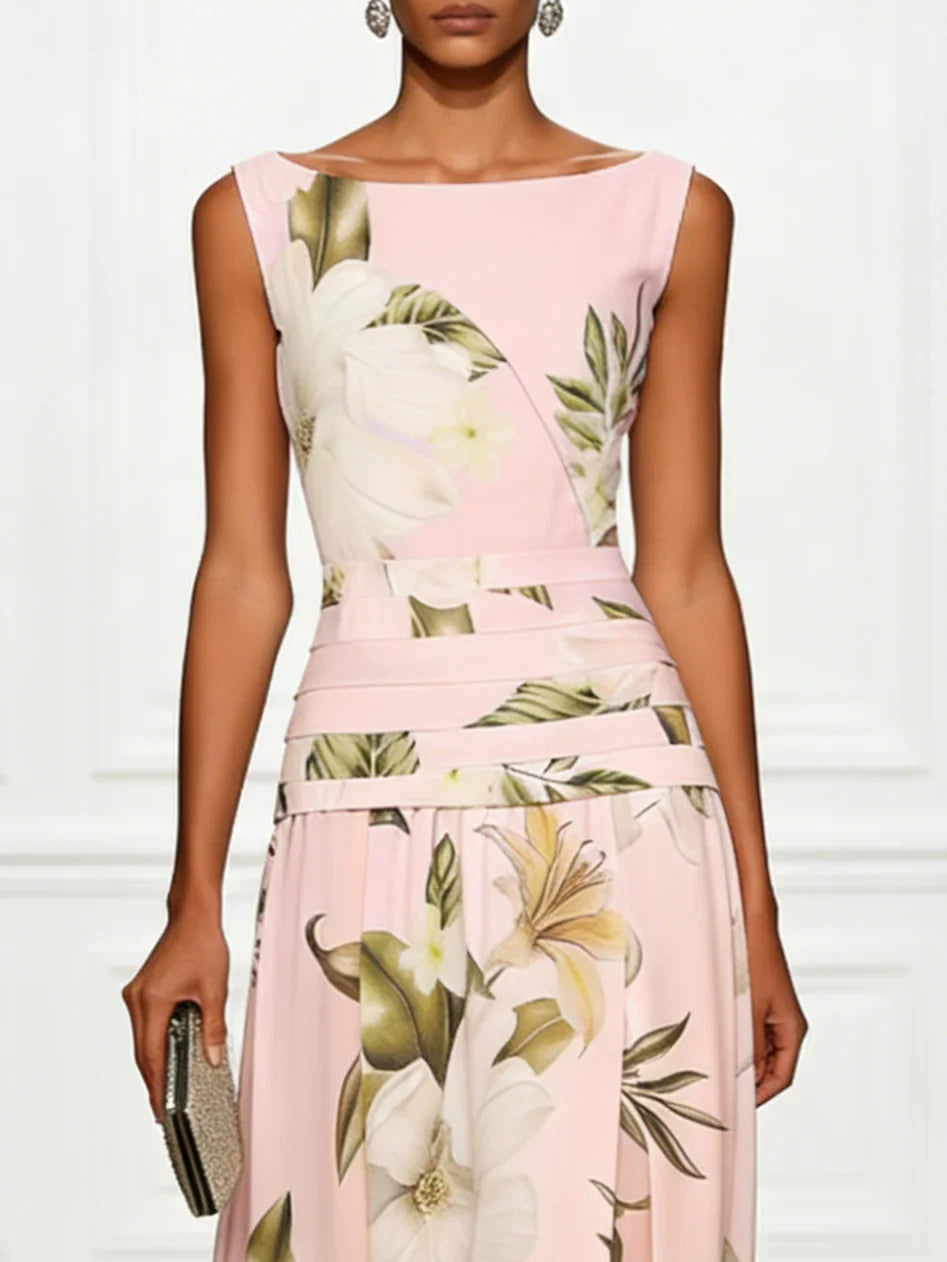 Floral Boat Neck Sleeveless Maxi Dress with Ruched Waist