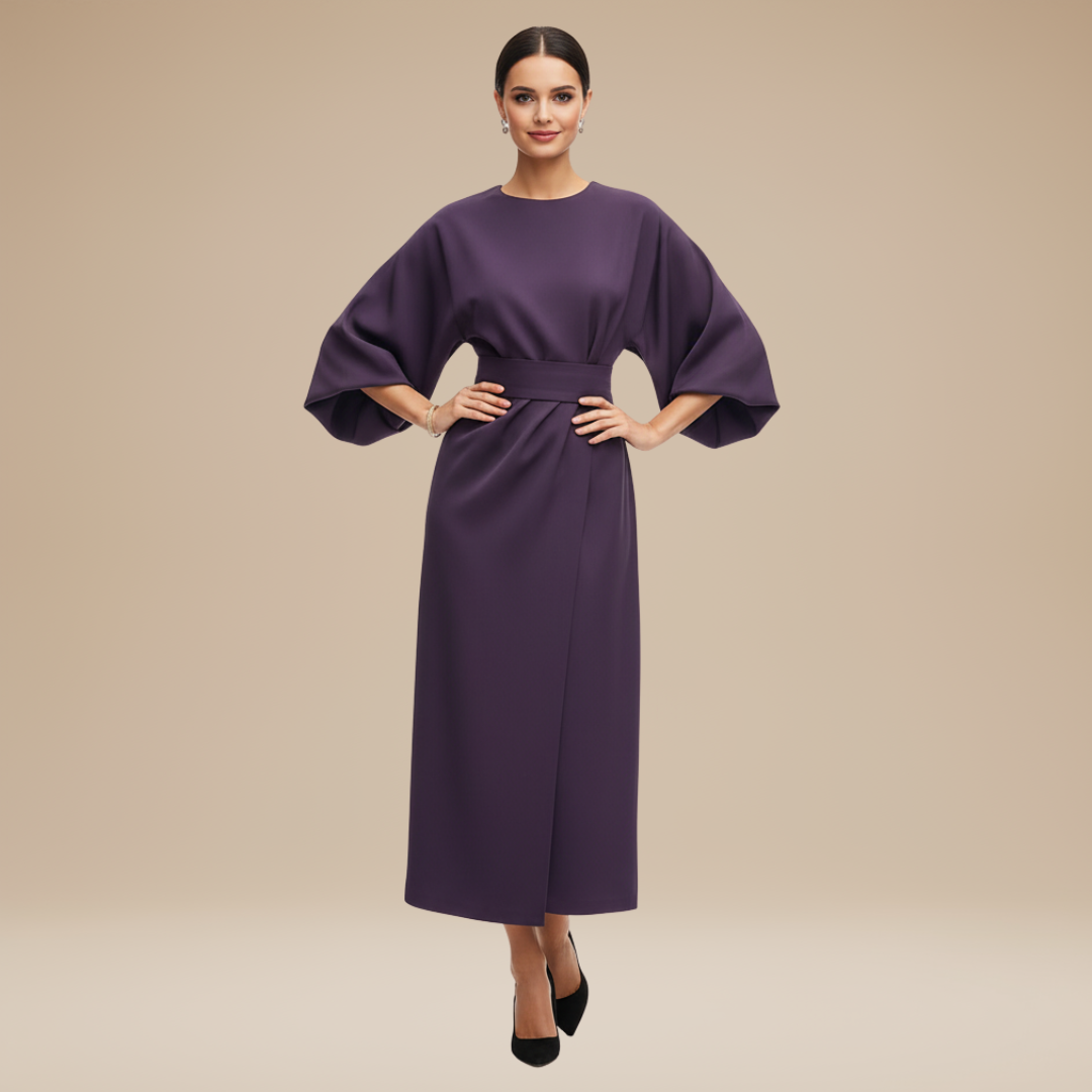 Belted Wrap Midi Dress with Wide Sleeves and V Neckline