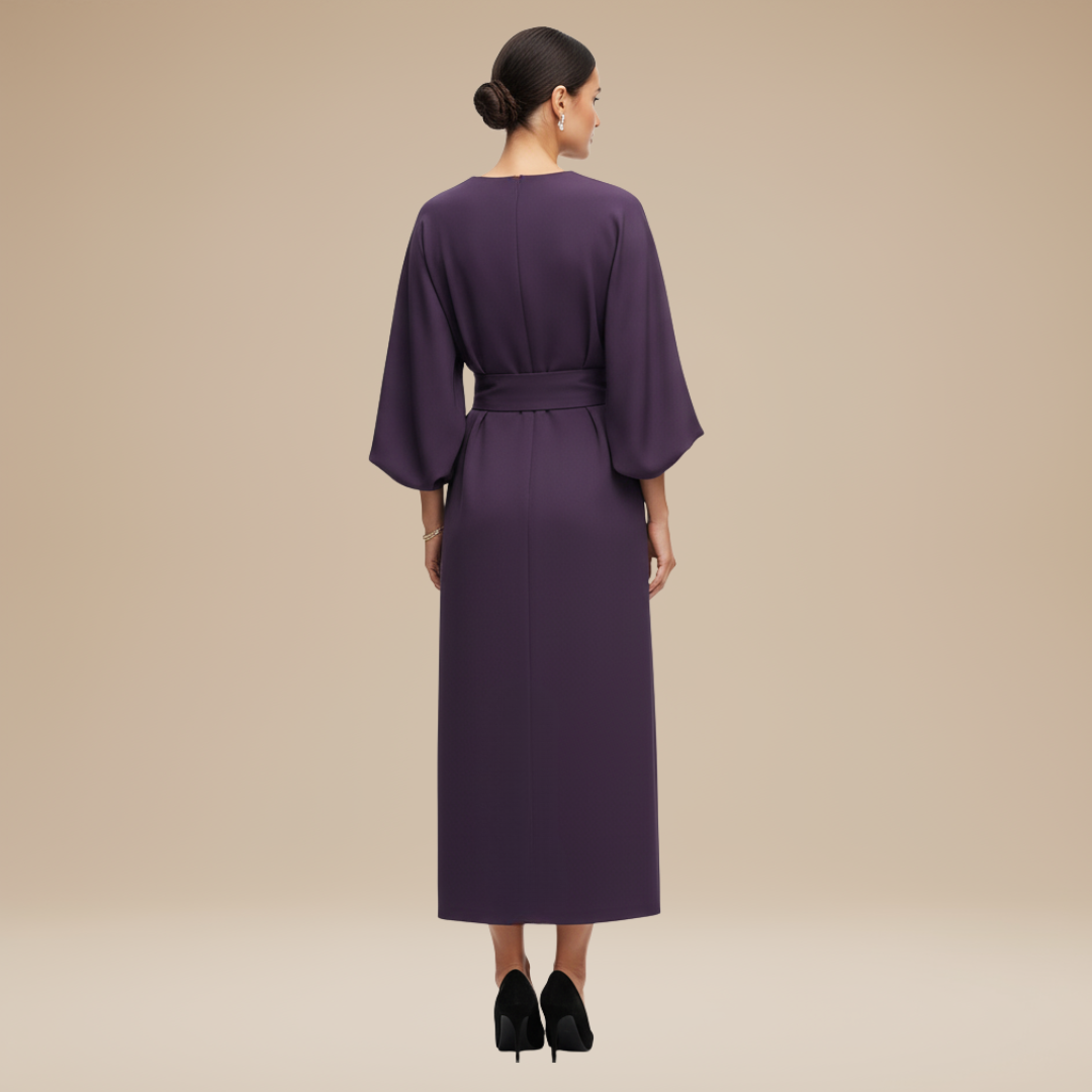 Belted Wrap Midi Dress with Wide Sleeves and V Neckline