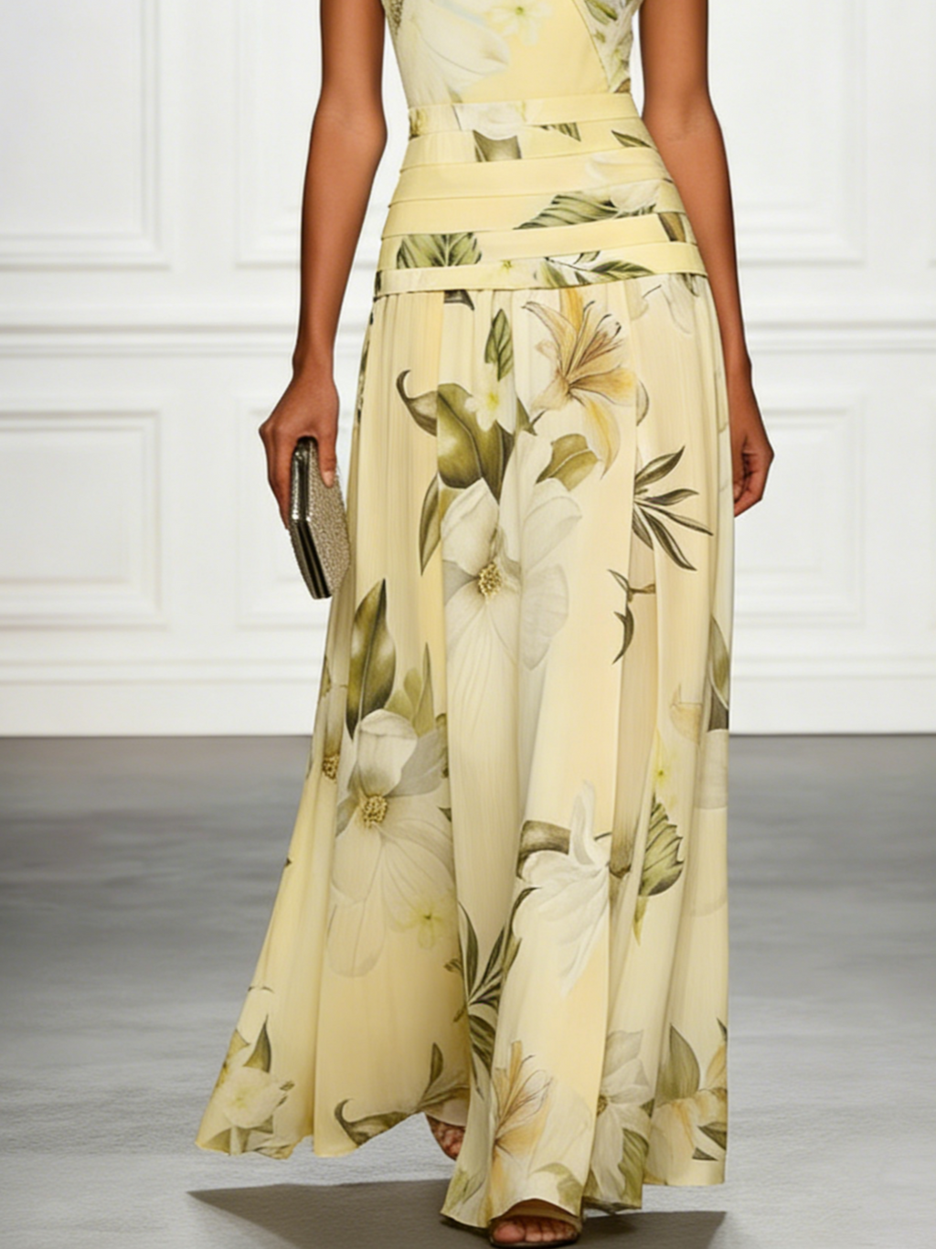 Floral Boat Neck Sleeveless Maxi Dress with Ruched Waist