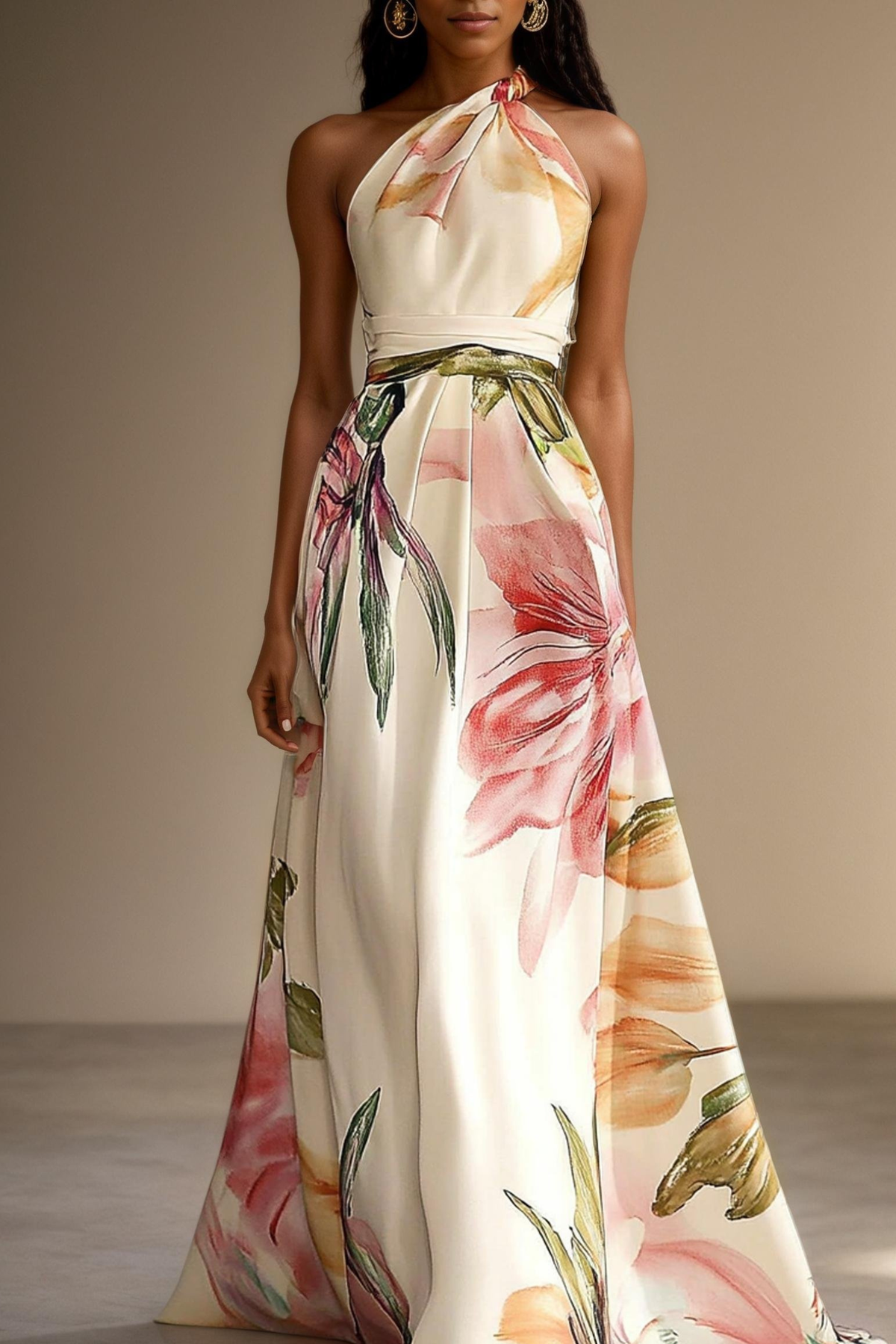 Floral Satin One-Shoulder Maxi Dress with Belted Waist