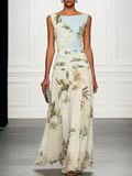 Floral Boat Neck Sleeveless Maxi Dress with Ruched Waist