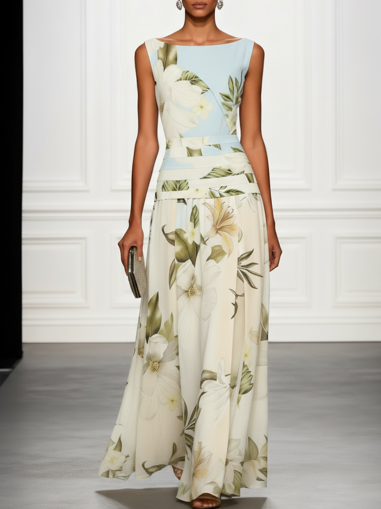 Floral Boat Neck Sleeveless Maxi Dress with Ruched Waist