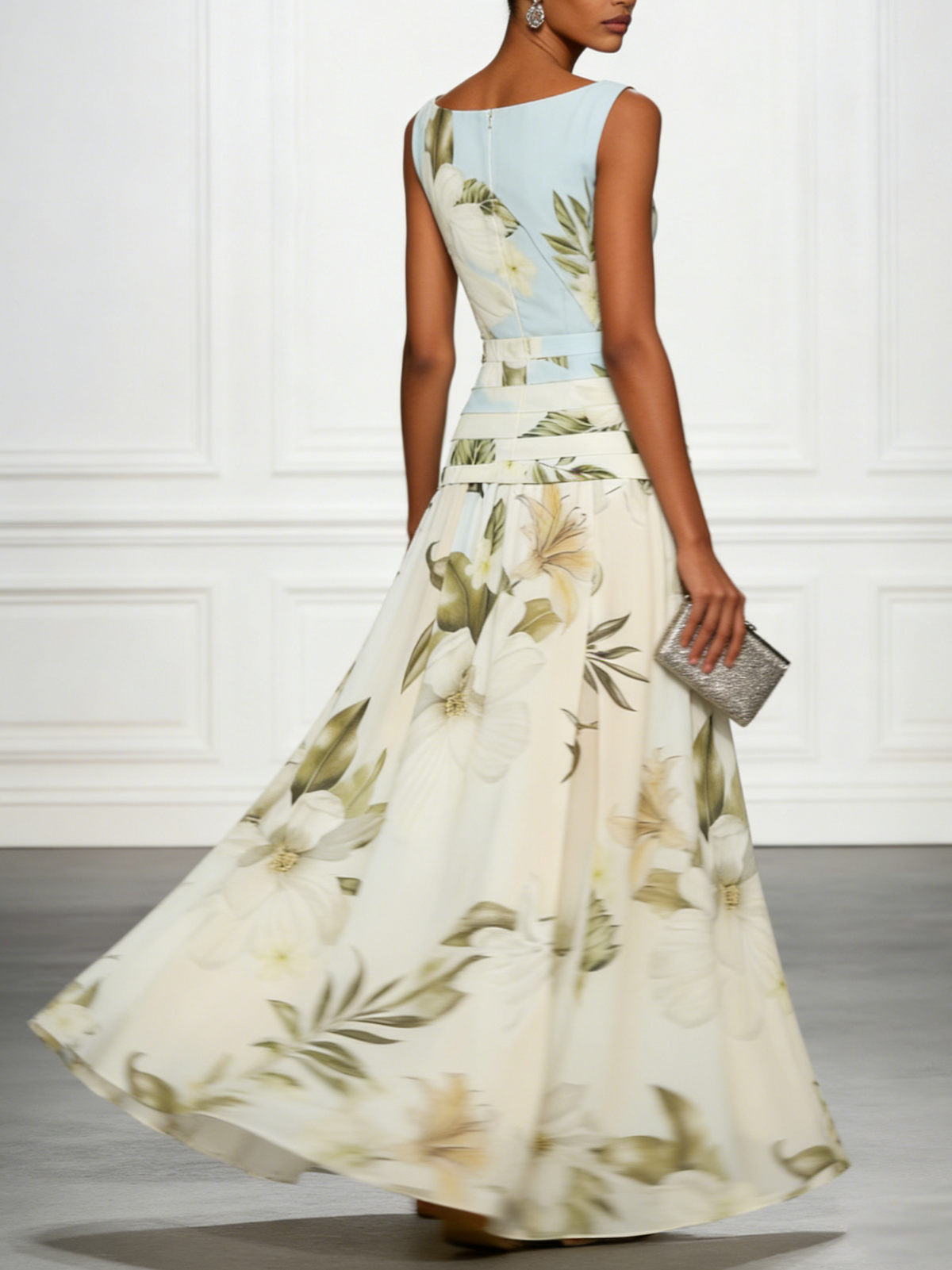Floral Boat Neck Sleeveless Maxi Dress with Ruched Waist