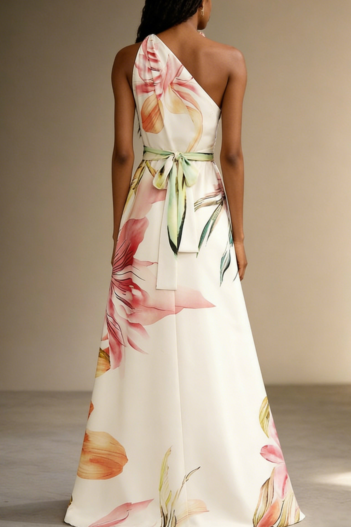 Floral Satin One-Shoulder Maxi Dress with Belted Waist