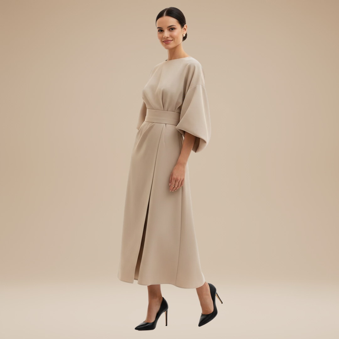 Belted Wrap Midi Dress with Wide Sleeves and V Neckline