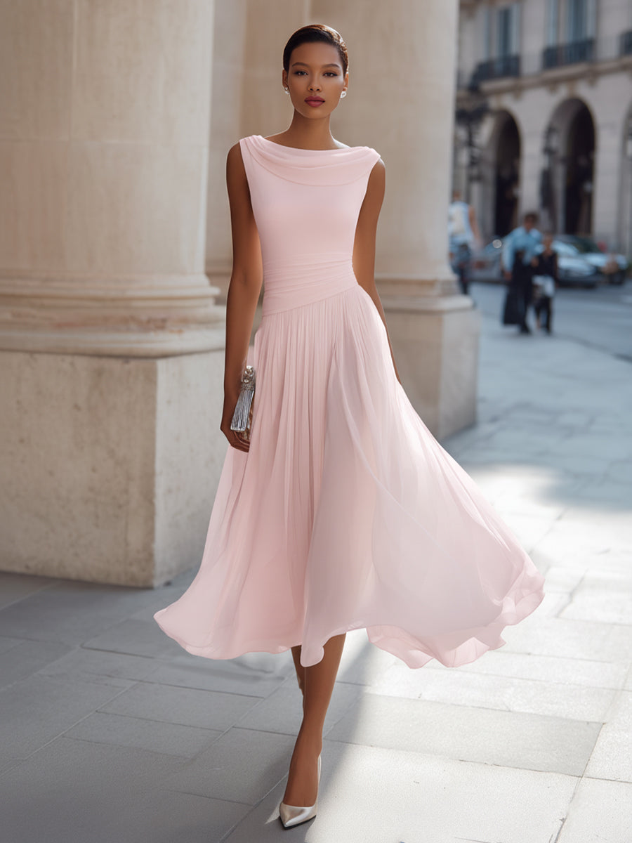 Draped Neck Sleeveless Midi Dress with Pleated Skirt