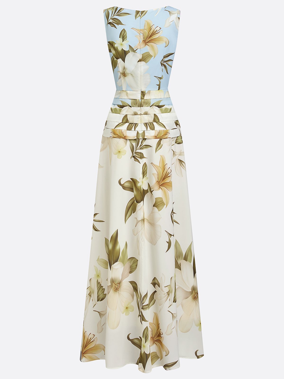 Floral Boat Neck Sleeveless Maxi Dress with Ruched Waist