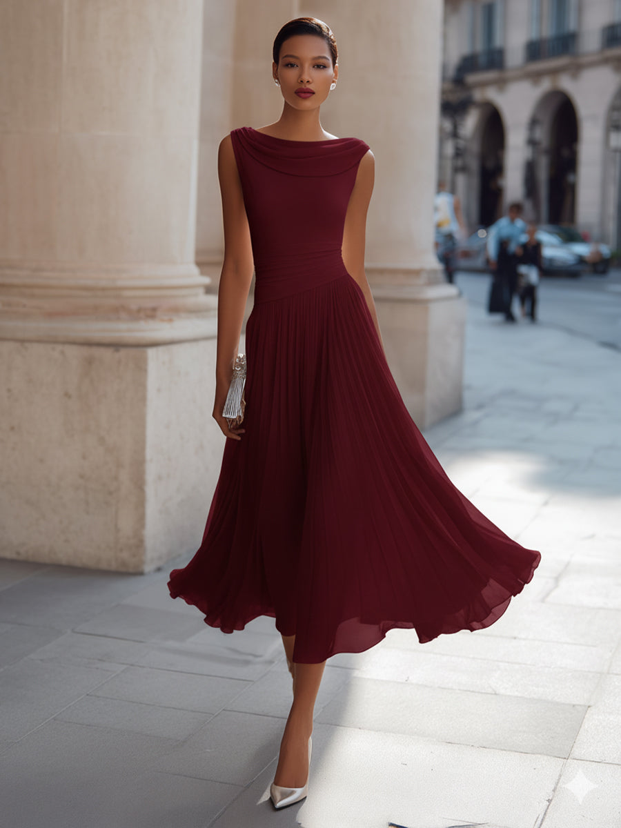 Draped Neck Sleeveless Midi Dress with Pleated Skirt