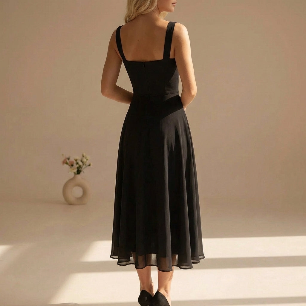 Square Neck Sleeveless Chiffon Midi Dress