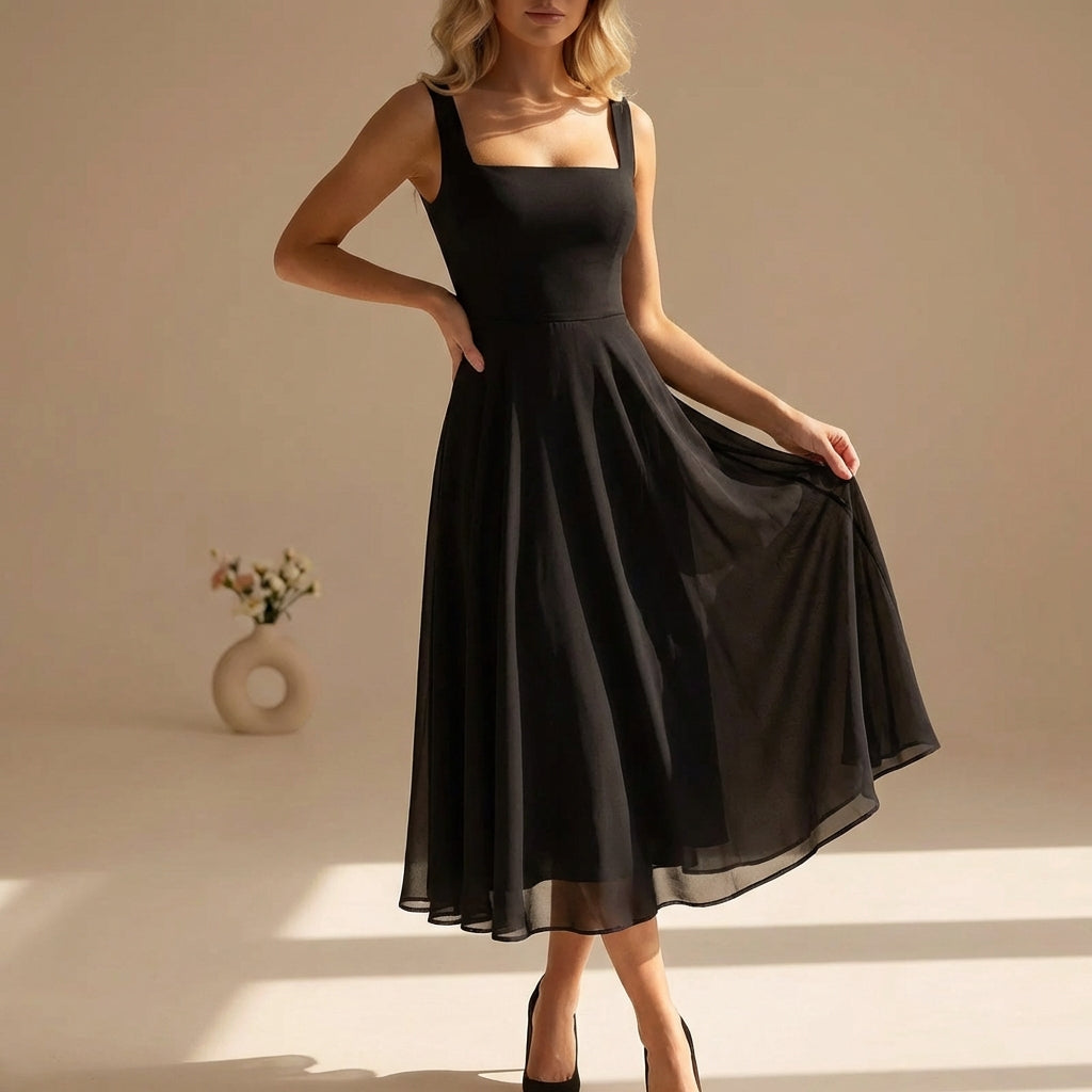 Square Neck Sleeveless Chiffon Midi Dress