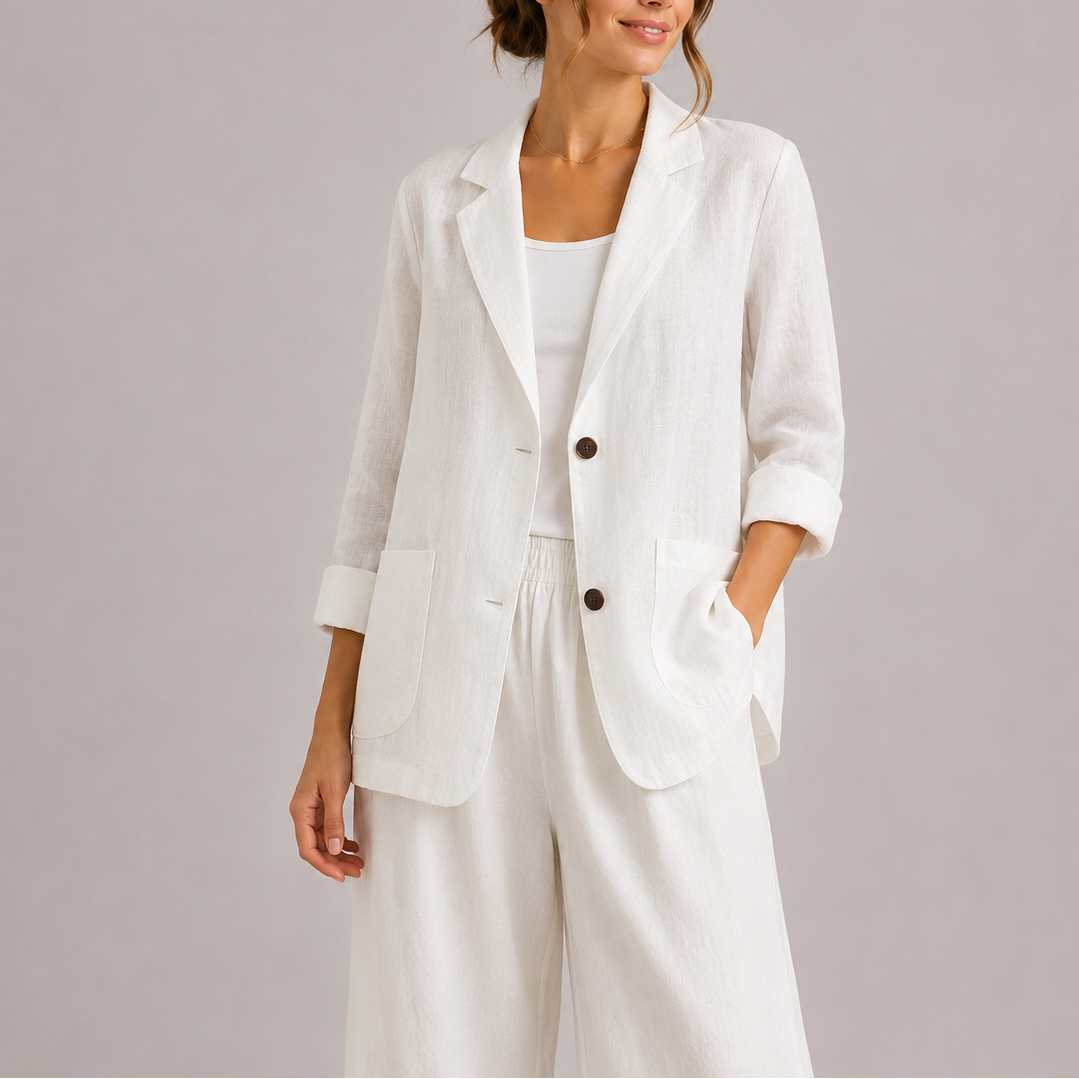 Linen Blazer with Lapel Collar and Relaxed Fit