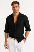 Classic Men’s Linen Shirt With Open Collar And Roll-Up Sleeves