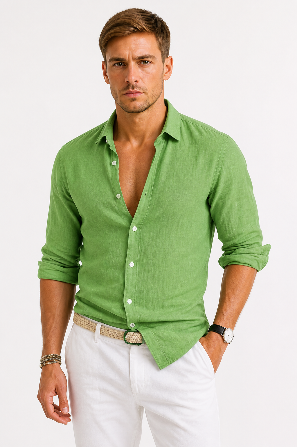 Classic Men’s Linen Shirt With Open Collar And Roll-Up Sleeves