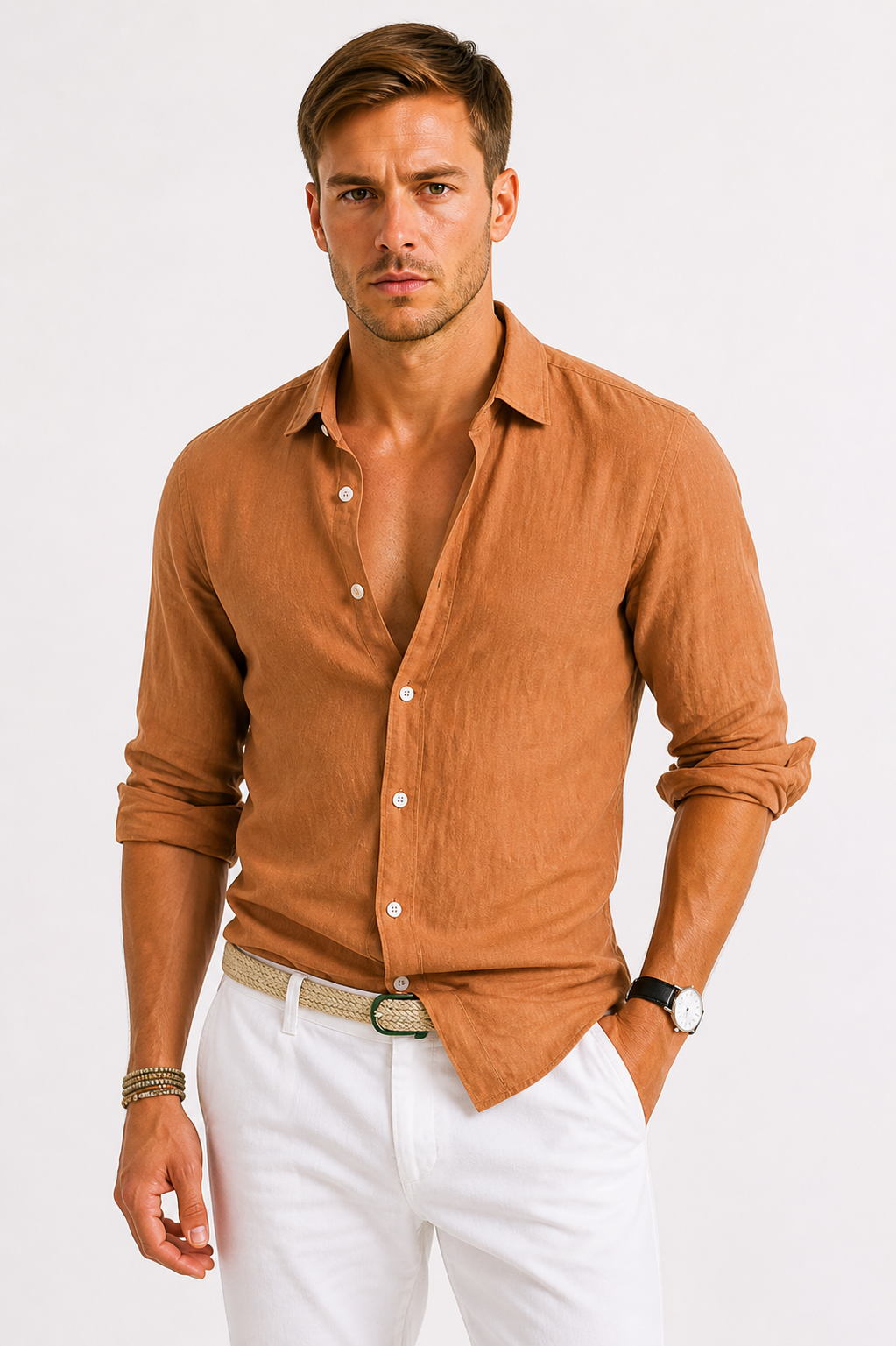 Classic Men’s Linen Shirt With Open Collar And Roll-Up Sleeves