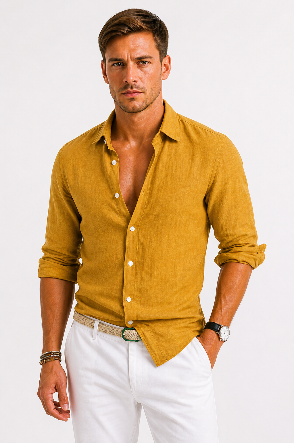 Classic Men’s Linen Shirt With Open Collar And Roll-Up Sleeves