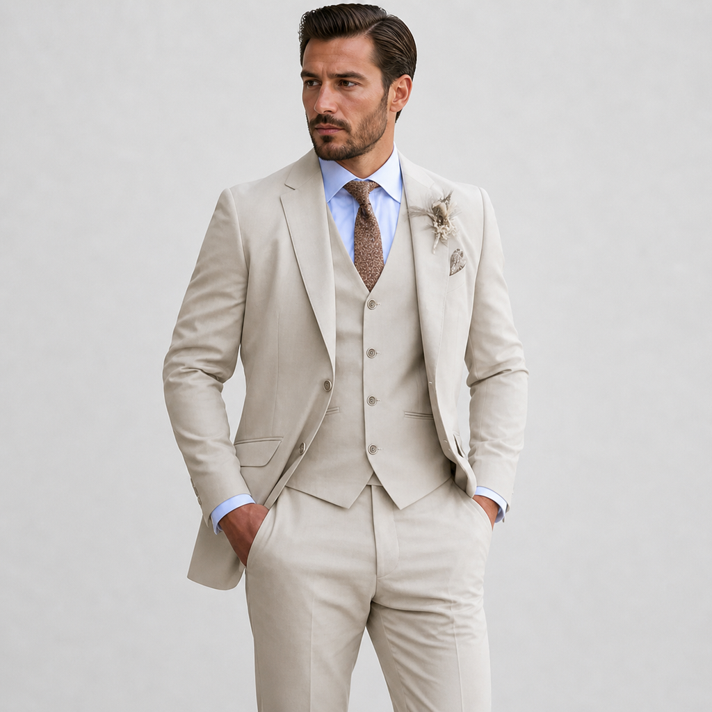 Refined Men’s Linen Three-Piece Suit With Notch Lapels And Waistcoat