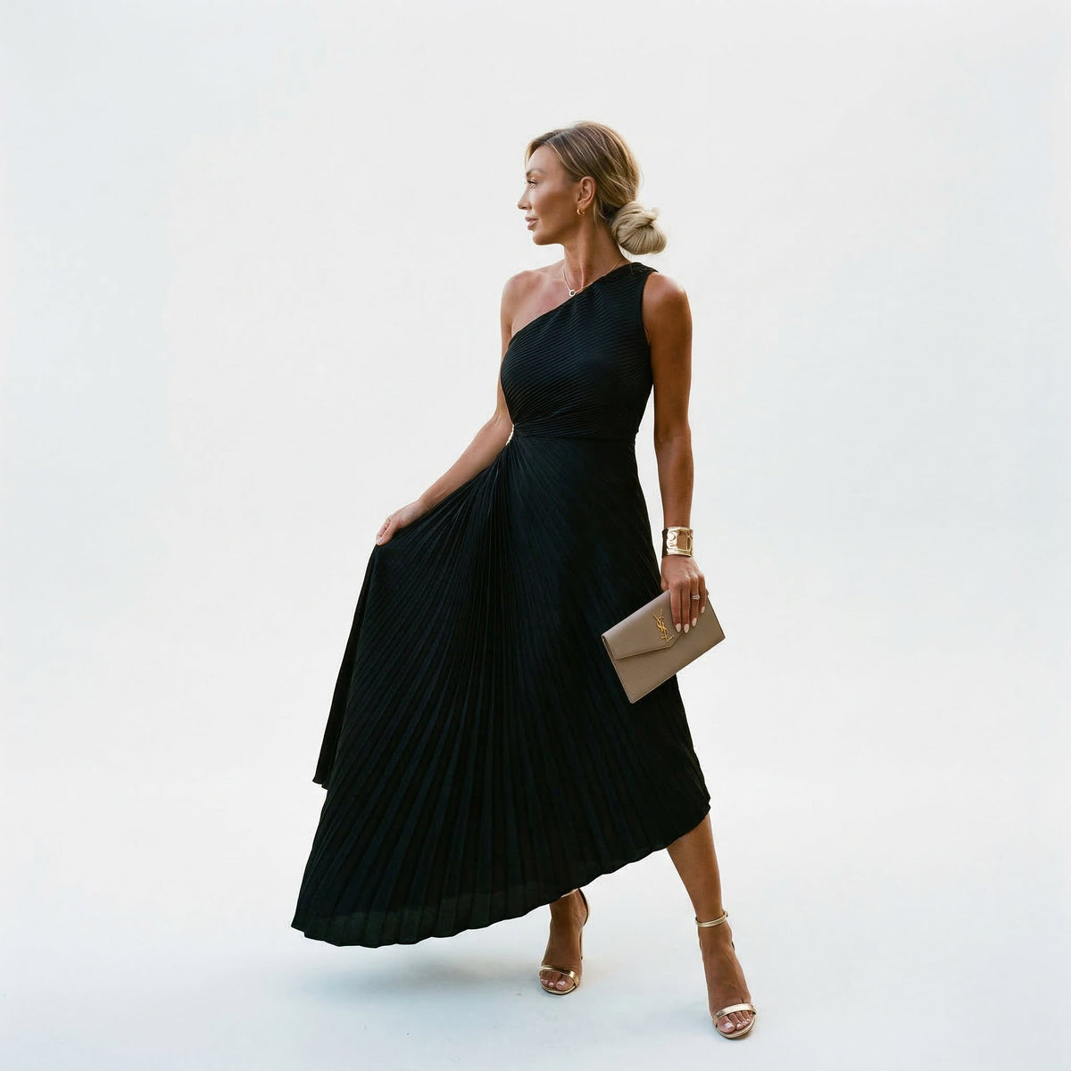 One-Shoulder Occasion Dress with Pleated A-Line Skirt