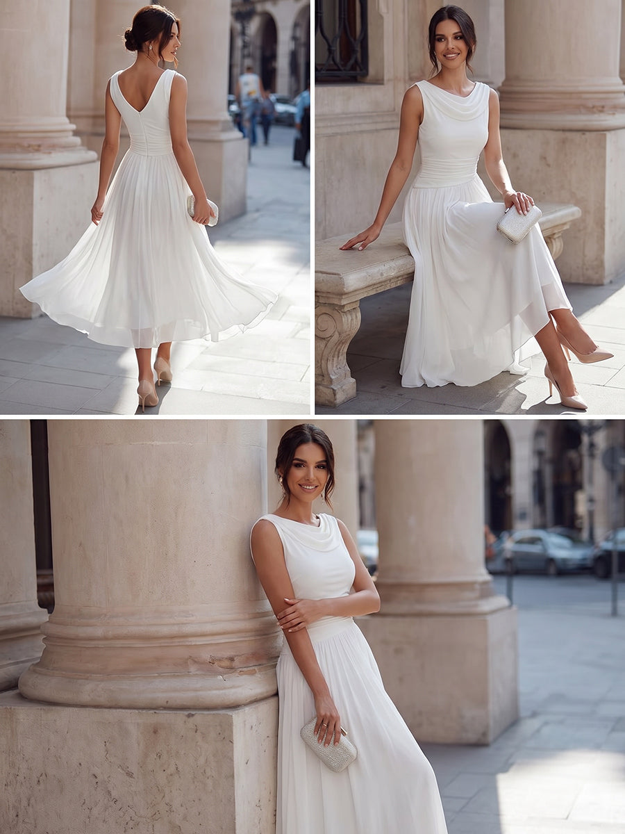 Draped Neck Sleeveless Midi Dress with Pleated Skirt