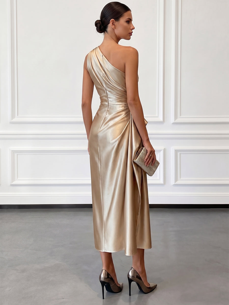 Satin One-Shoulder Midi Dress with Ruched Bodice