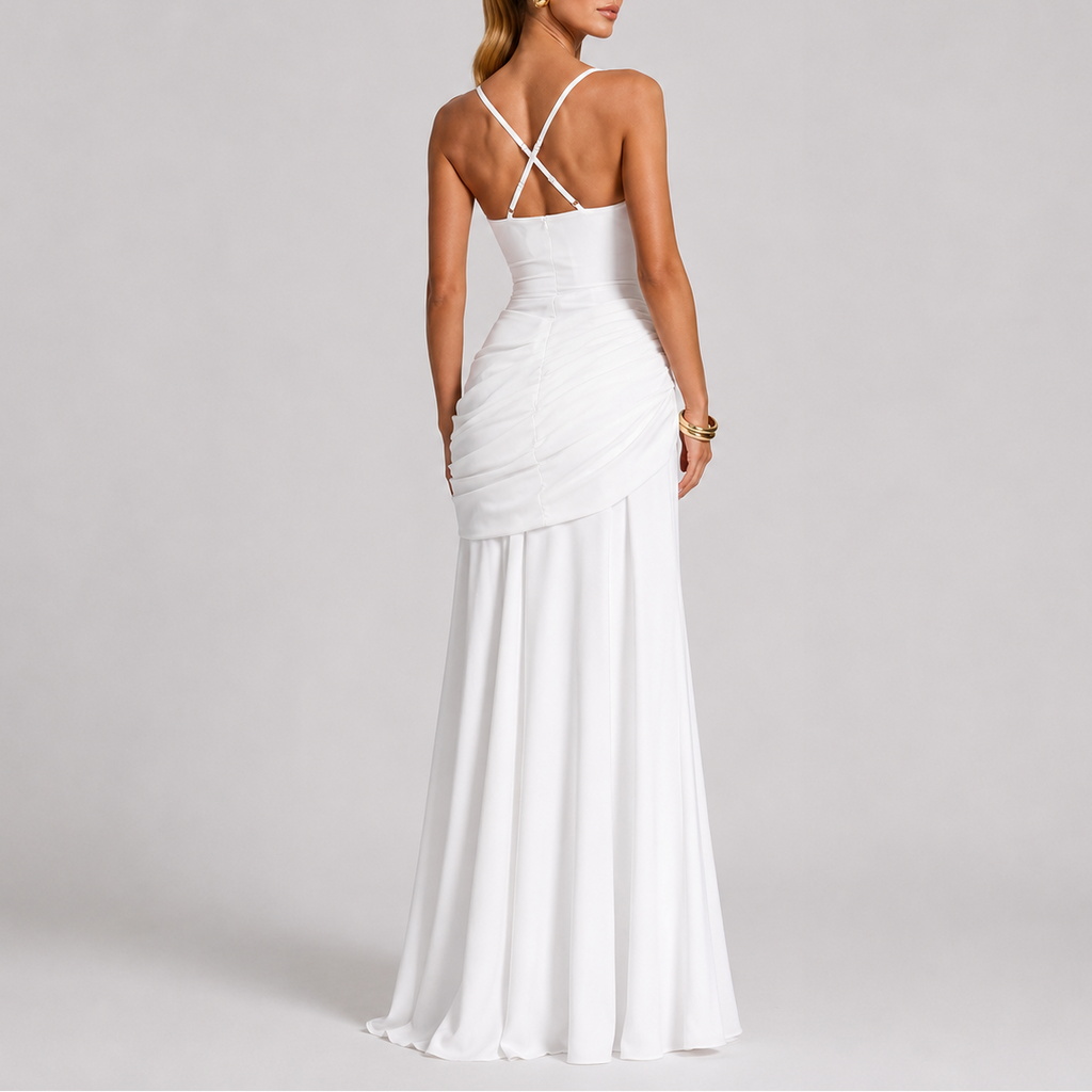 Ruched Maxi Evening Dress with Square Neckline