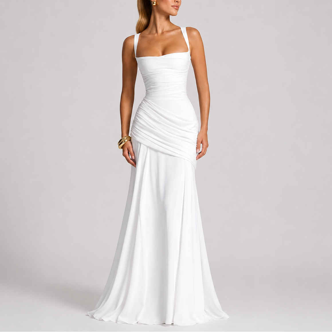 Ruched Maxi Evening Dress with Square Neckline