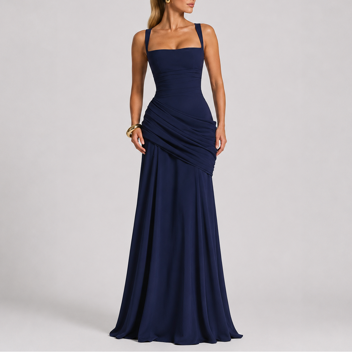 Ruched Maxi Evening Dress with Square Neckline