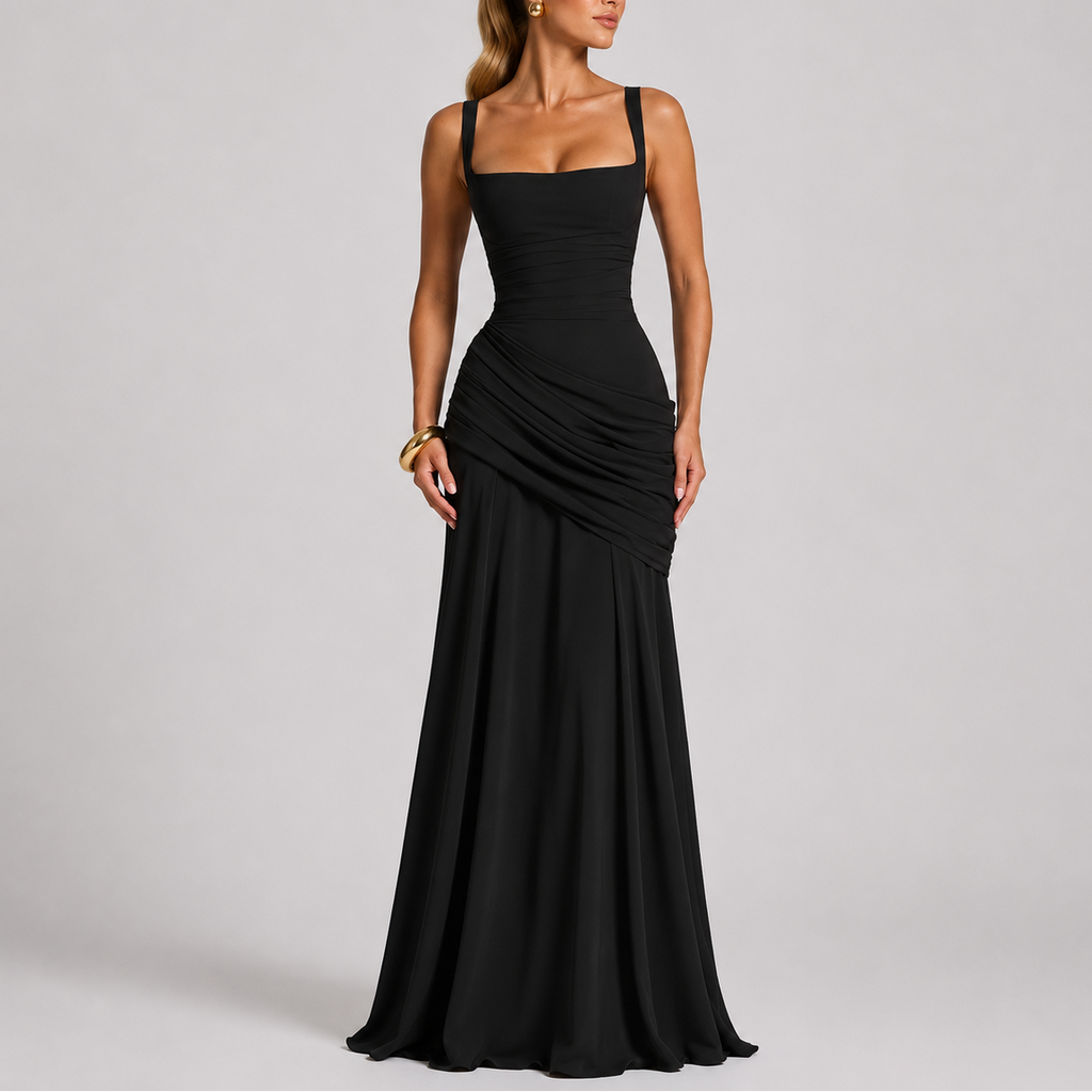 Ruched Maxi Evening Dress with Square Neckline