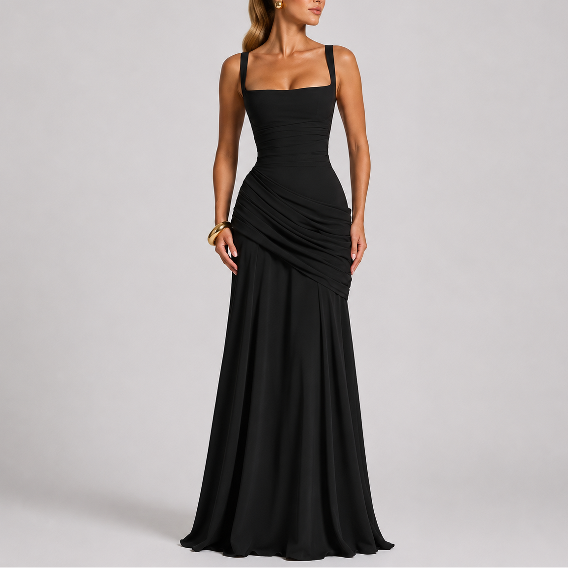 Ruched Maxi Evening Dress with Square Neckline