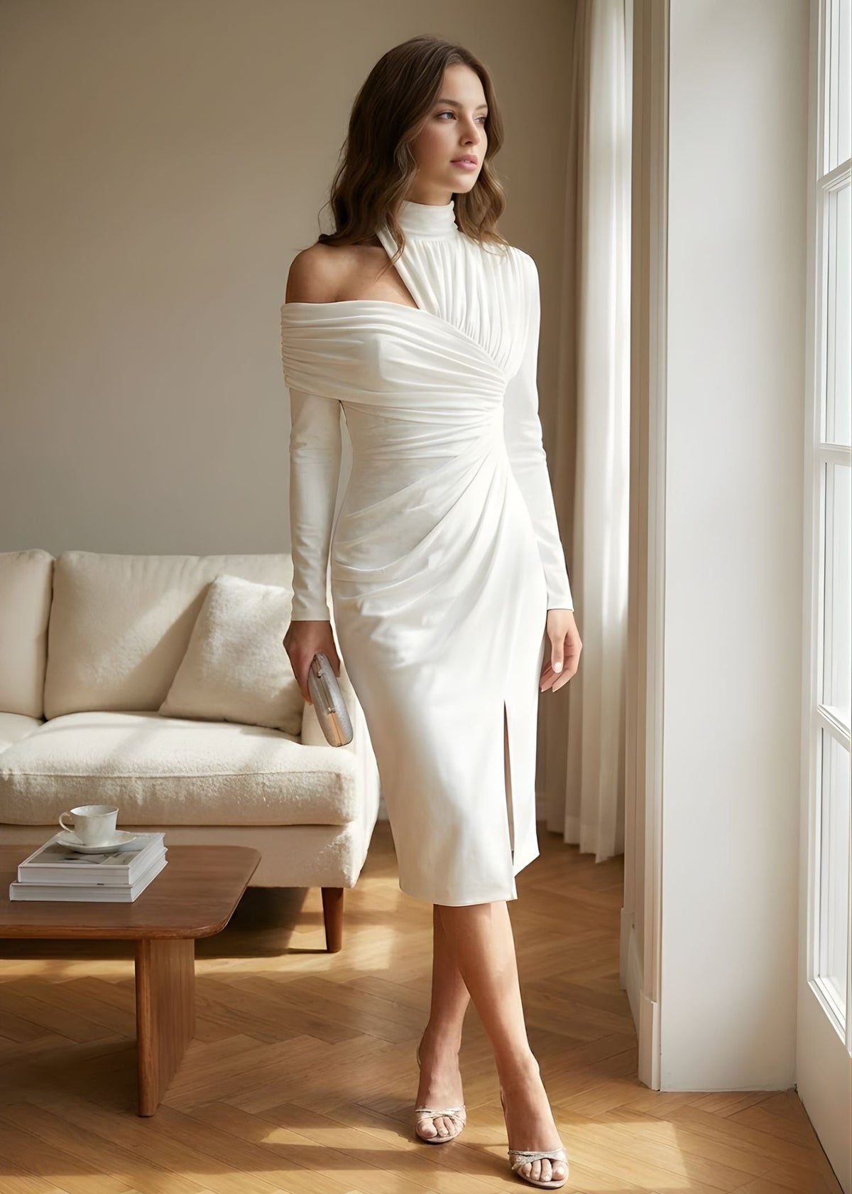One-Shoulder Long Sleeve Midi Dress with Ruched Bodycon Cut