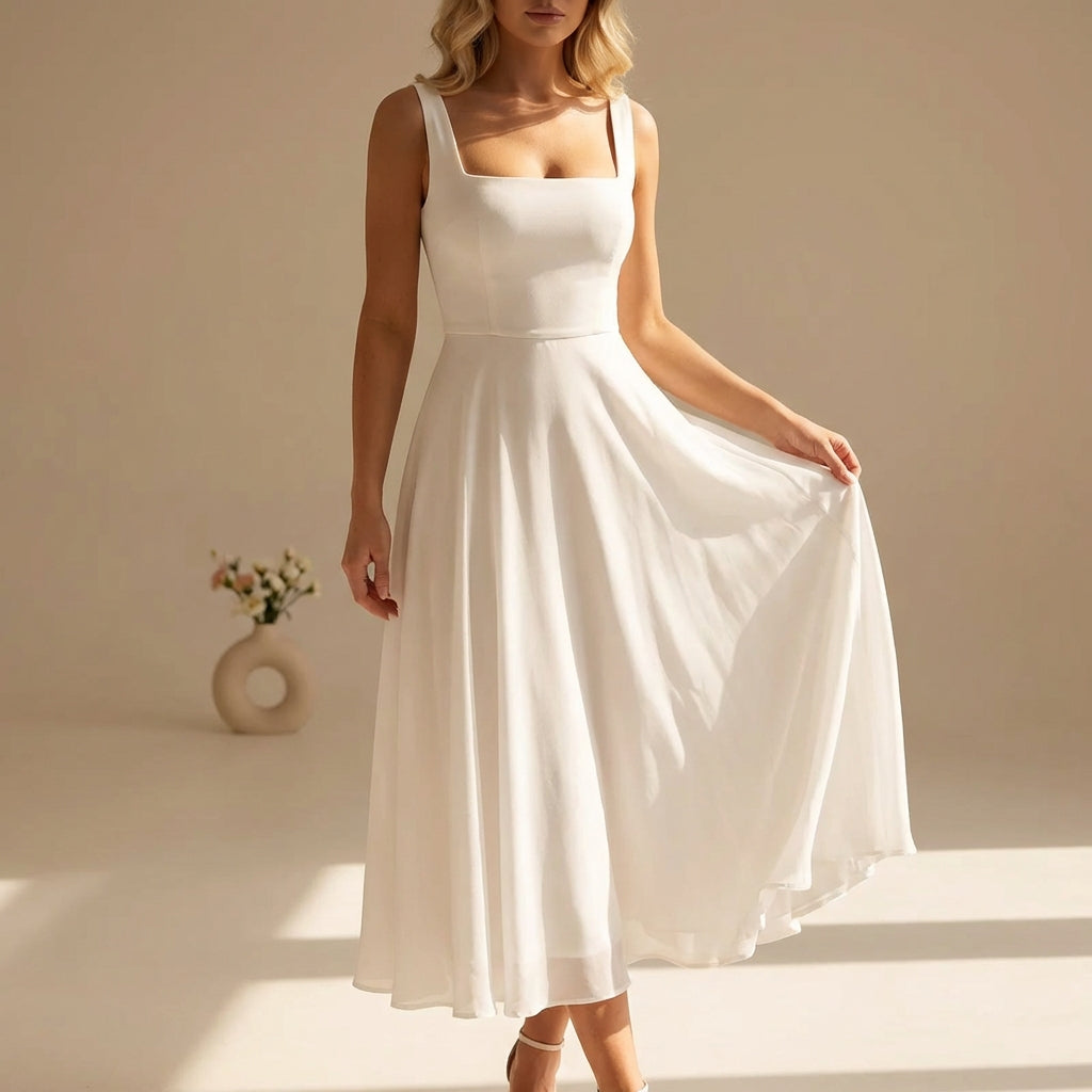 Square Neck Sleeveless Chiffon Midi Dress