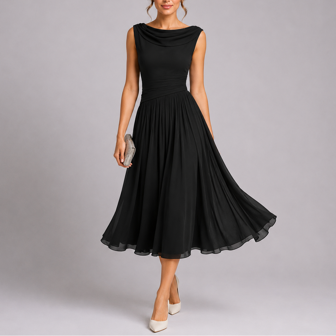 Pleated Midi Dress with Draped Neckline and Fitted Waist