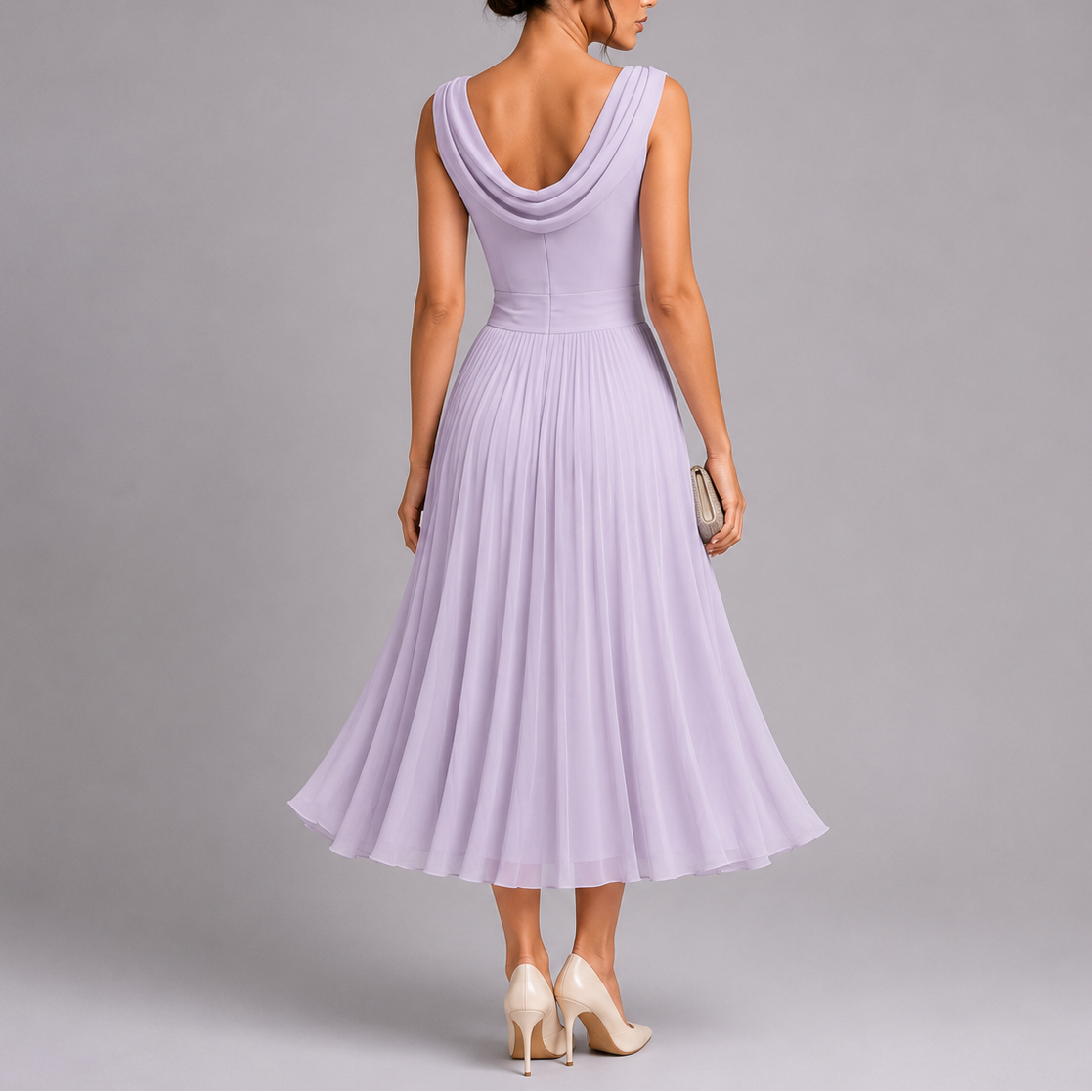 Pleated Midi Dress with Draped Neckline and Fitted Waist
