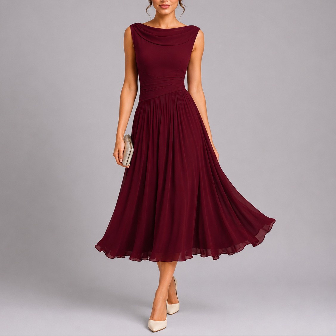 Pleated Midi Dress with Draped Neckline and Fitted Waist