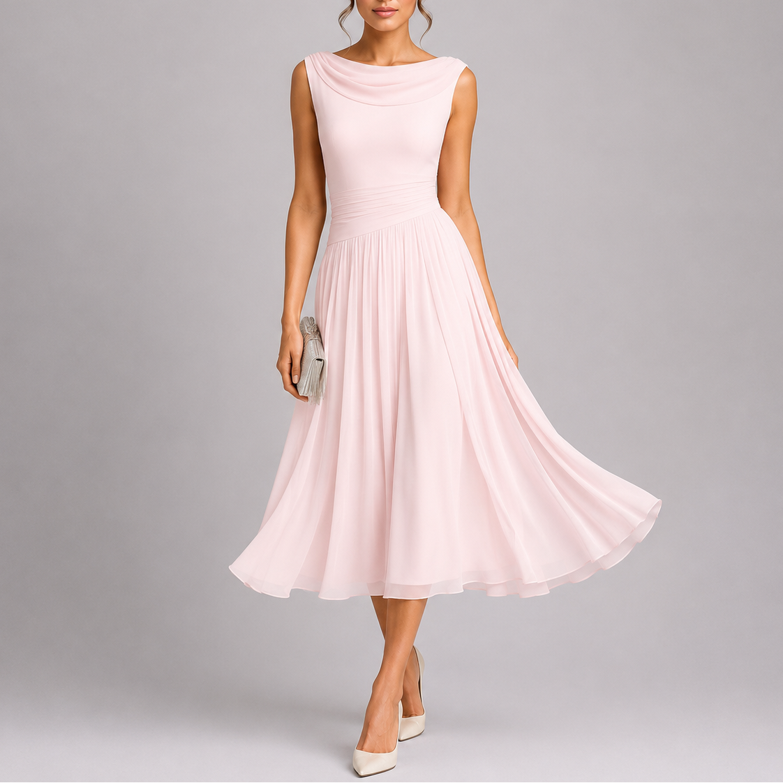 Pleated Midi Dress with Draped Neckline and Fitted Waist