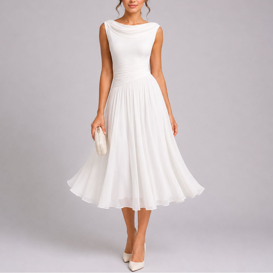 Pleated Midi Dress with Draped Neckline and Fitted Waist