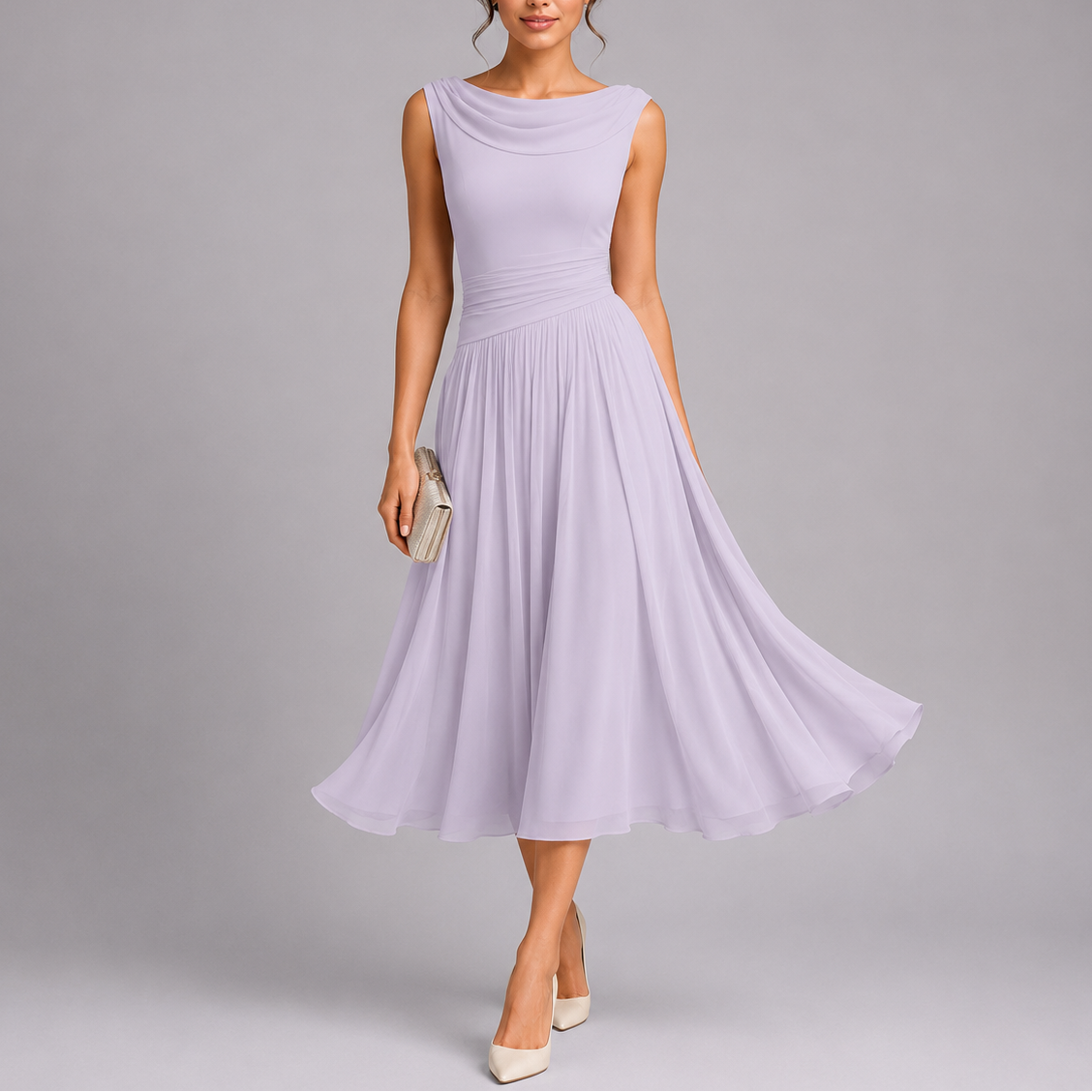 Pleated Midi Dress with Draped Neckline and Fitted Waist