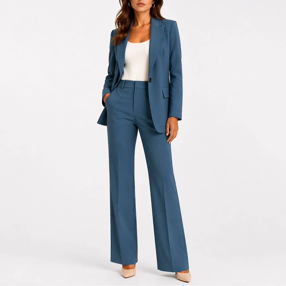 Two Piece Set with Tailored Blazer and Straight-Leg Trousers