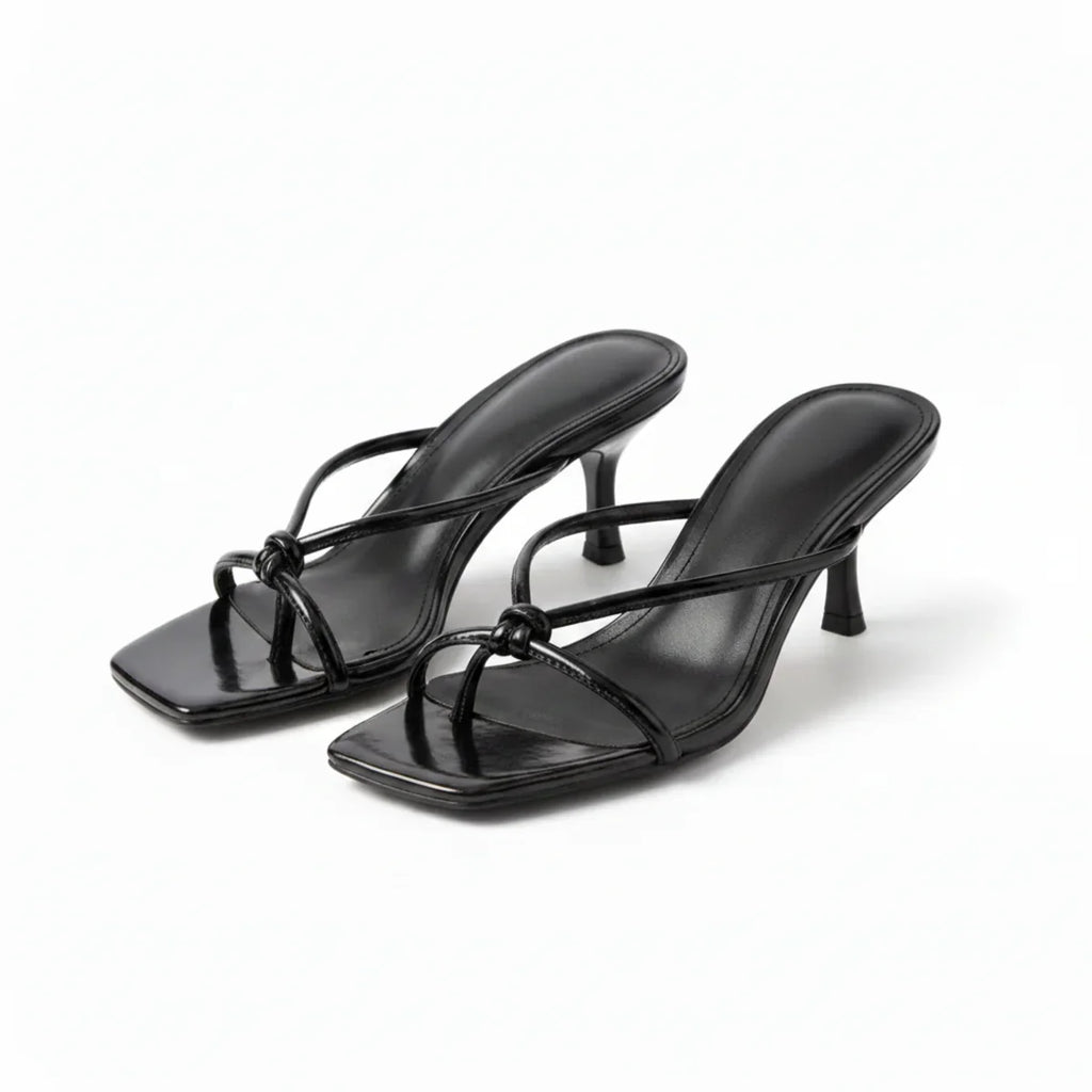 Knot Strap Heeled Sandals with Open Square Toe