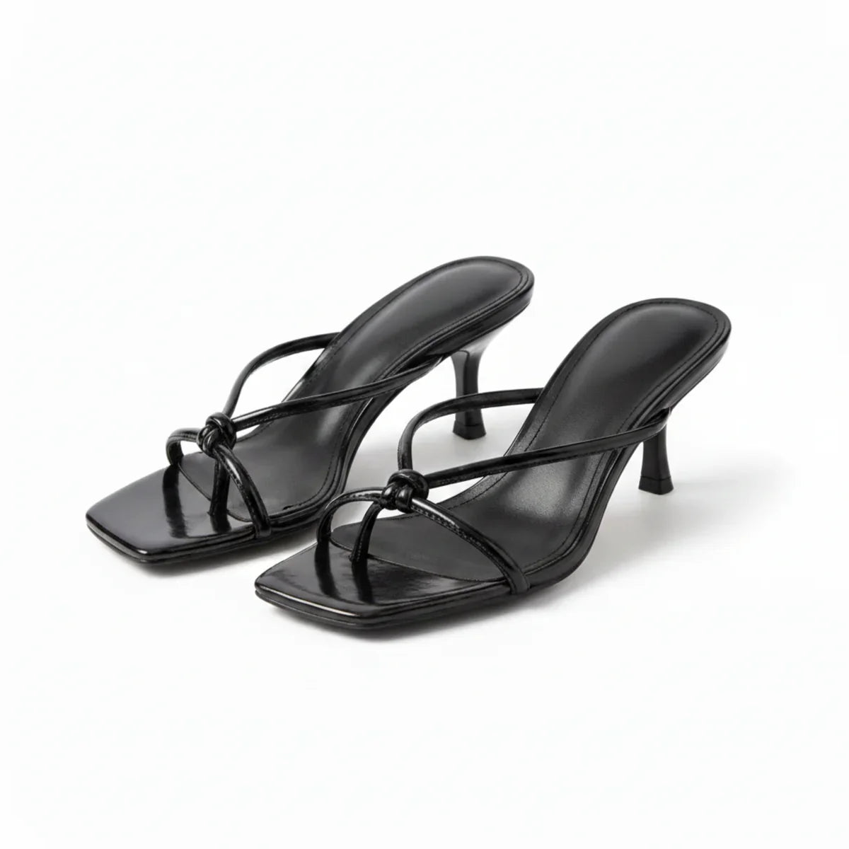 Knot Strap Heeled Sandals with Open Square Toe