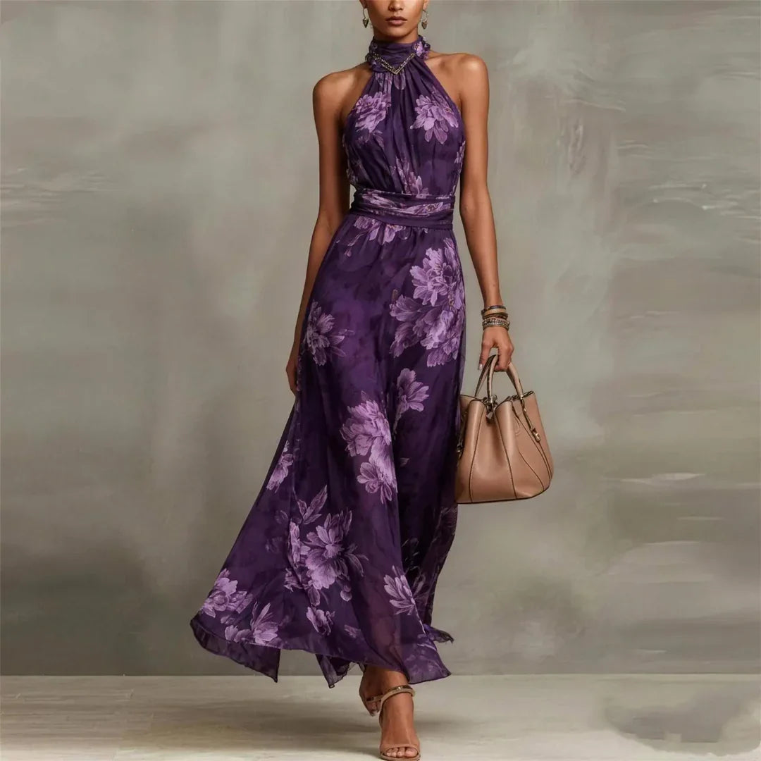 Floral Halter Neck Maxi Dress with Open Shoulder Design