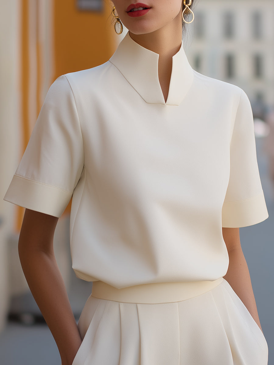 Stand Collar Short Sleeve Blouse with Lightweight Fabric