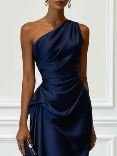 Satin One-Shoulder Midi Dress with Ruched Bodice