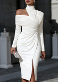 One-Shoulder Long Sleeve Midi Dress with Ruched Bodycon Cut