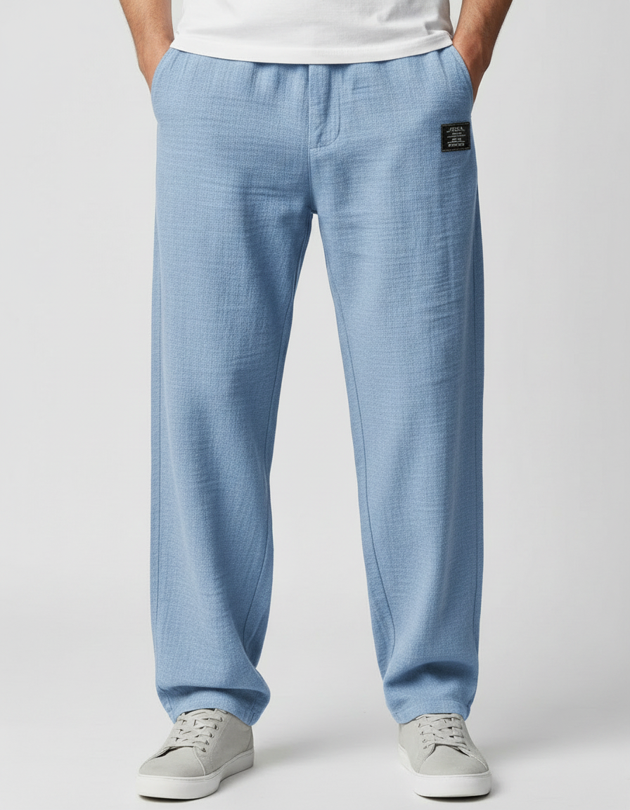 Men's casual trousers in sky blue displayed flat, showing full length and cut