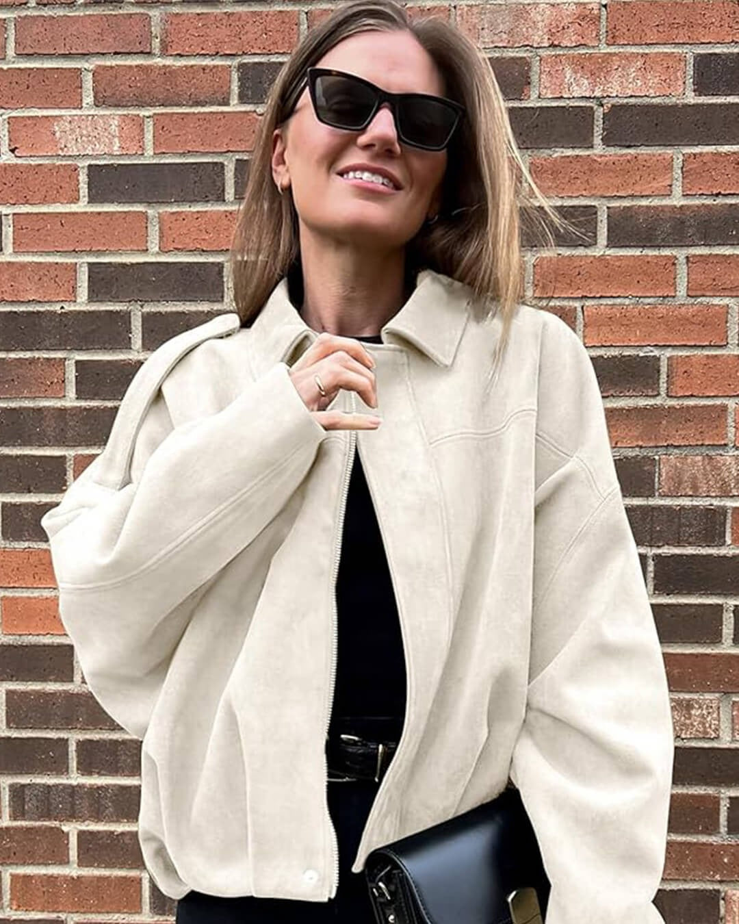 Faux Suede Bomber Jacket with Structured Collar