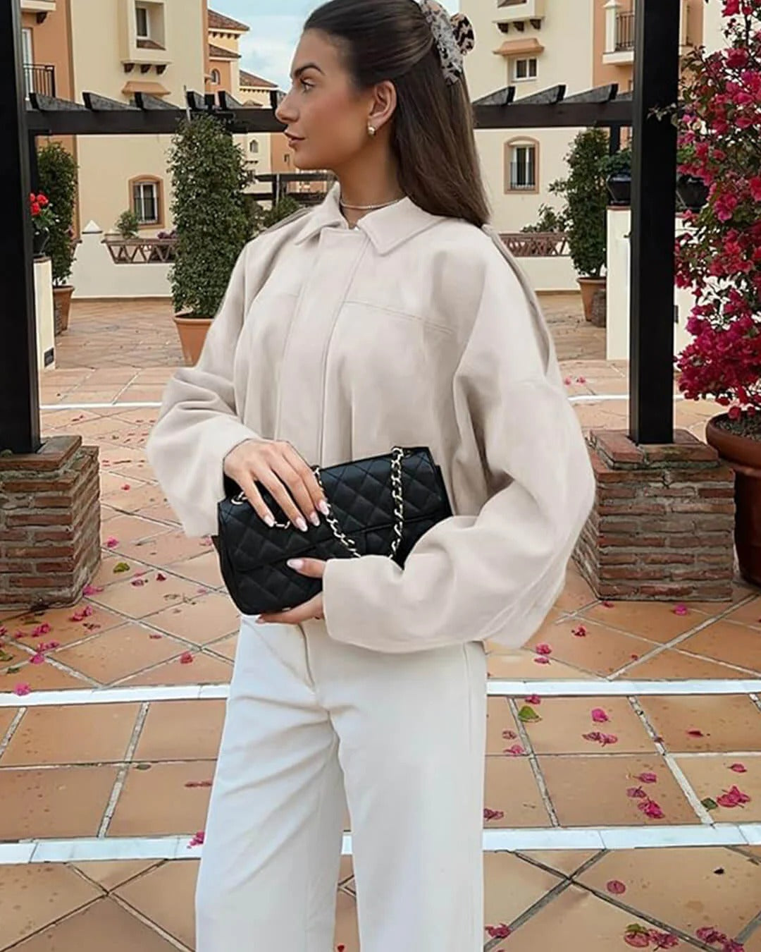 Faux Suede Bomber Jacket with Structured Collar